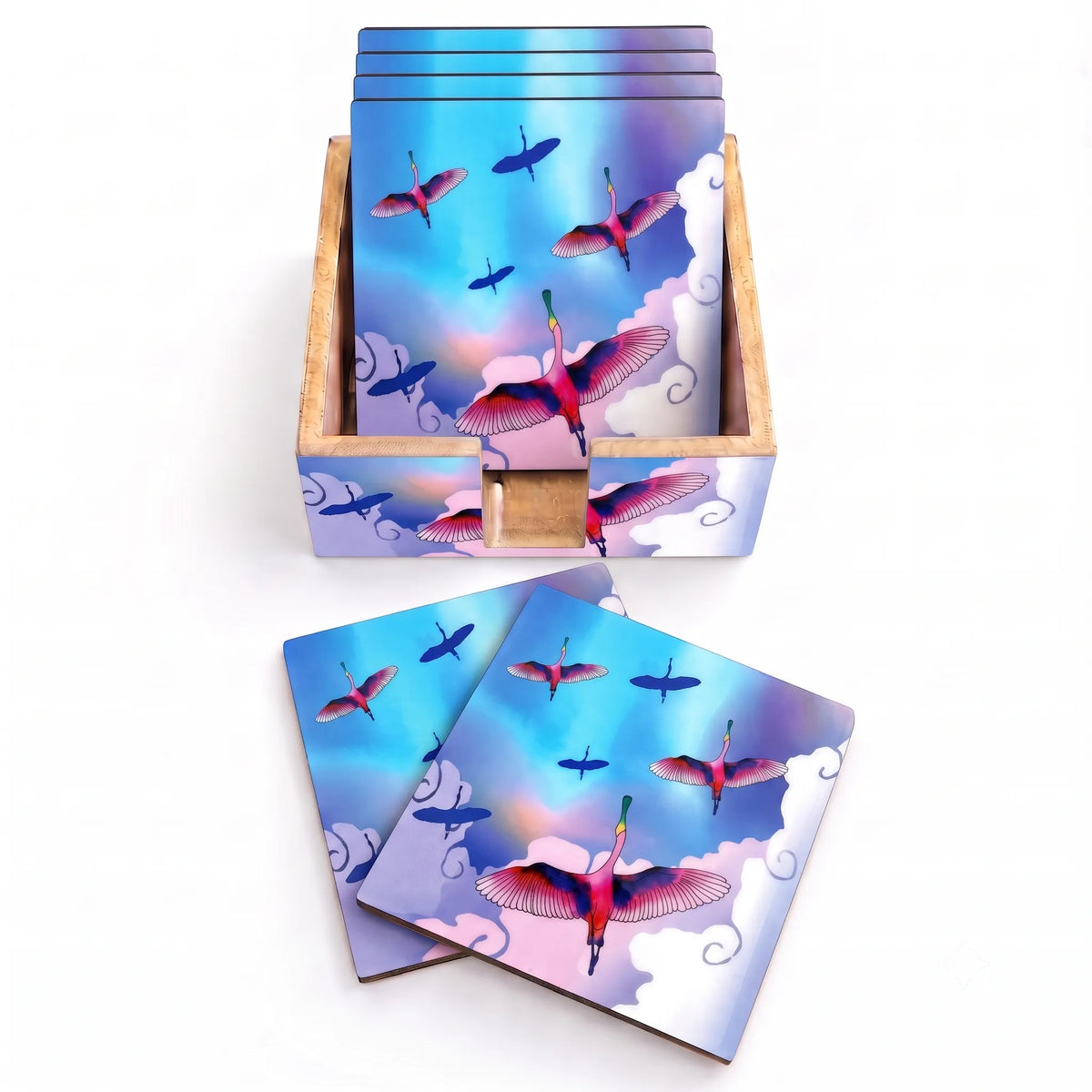 PaintzStories Stunning Birds in a Colourful Sky artistic wooden coasters set of 6 with holder