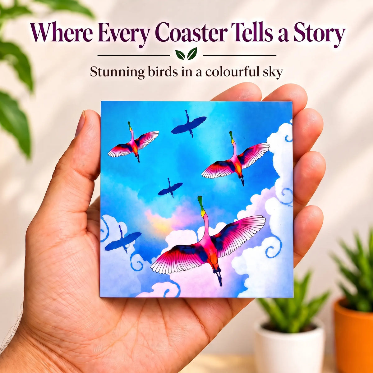 PaintzStories Stunning Birds in a Colourful Sky artistic wooden coaster story artwork