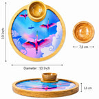 PaintzStories Stunning Birds in a Colourful Sky circular wooden serving platter with bowl showing 10 x 10 inch platter size and 50 ml bowl
