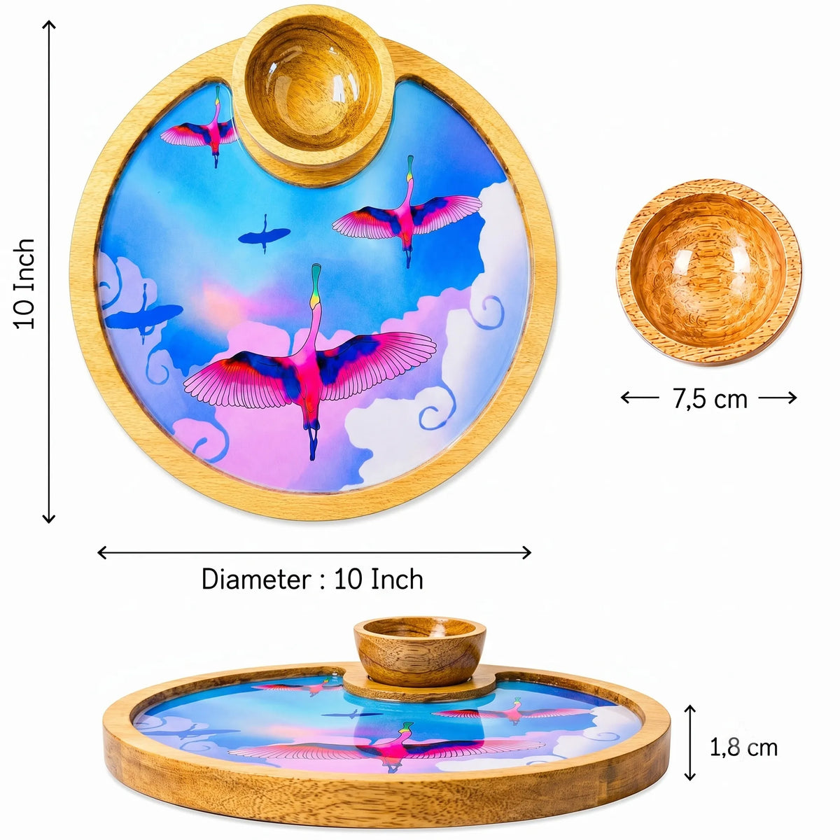 PaintzStories Stunning Birds in a Colourful Sky circular wooden serving platter with bowl showing 10 x 10 inch platter size and 50 ml bowl