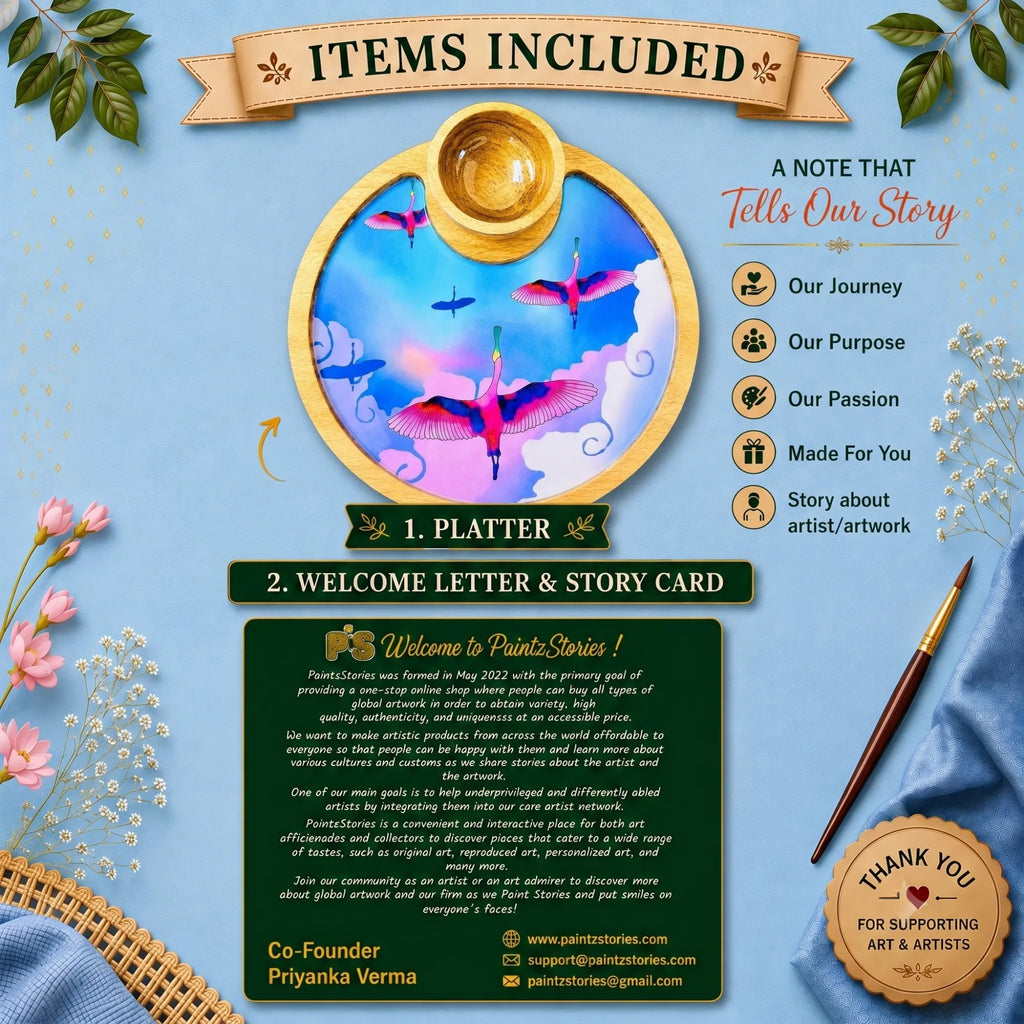 PaintzStories Stunning Birds in a Colourful Sky circular wooden serving platter with 50 ml wooden bowl, PaintzStories Card and Welcome Letter included