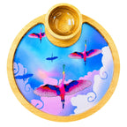 PaintzStories Stunning Birds in a Colourful Sky circular wooden serving platter with wooden bowl, handcrafted solid mango wood with glossy Meena print, 10 x 10 inch