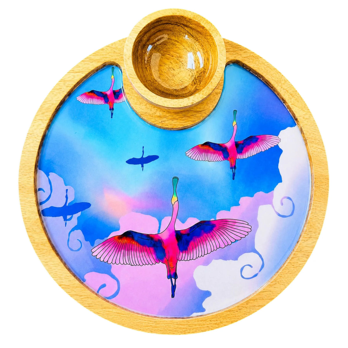 PaintzStories Stunning Birds in a Colourful Sky circular wooden serving platter with wooden bowl, handcrafted solid mango wood with glossy Meena print, 10 x 10 inch