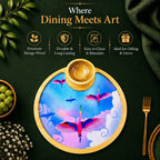 PaintzStories Stunning Birds in a Colourful Sky artistic circular wooden serving platter with bowl styled for elegant dining and table decor