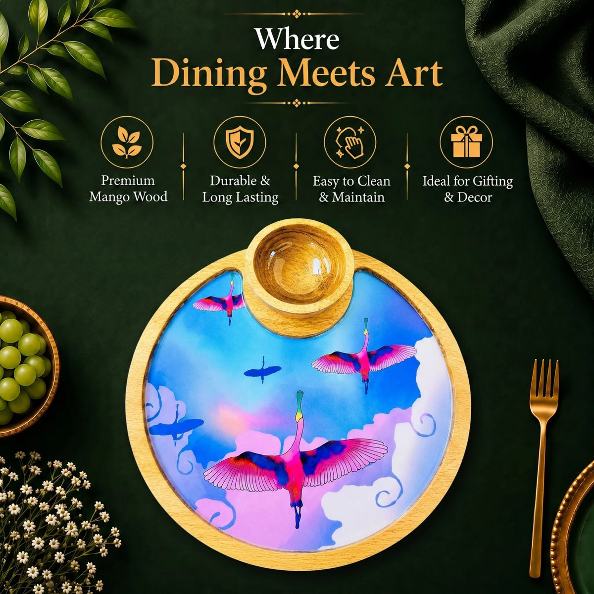 PaintzStories Stunning Birds in a Colourful Sky artistic circular wooden serving platter with bowl styled for elegant dining and table decor