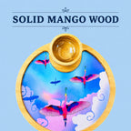 PaintzStories Stunning Birds in a Colourful Sky circular serving platter handcrafted from solid mango wood with glossy Meena artwork and wooden bowl