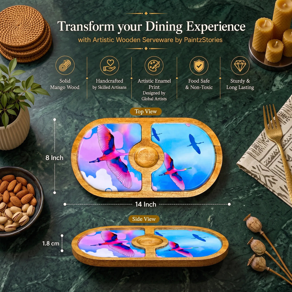 PaintzStories Stunning Birds in Sky round wooden serving platter, 14 x 8 inch size