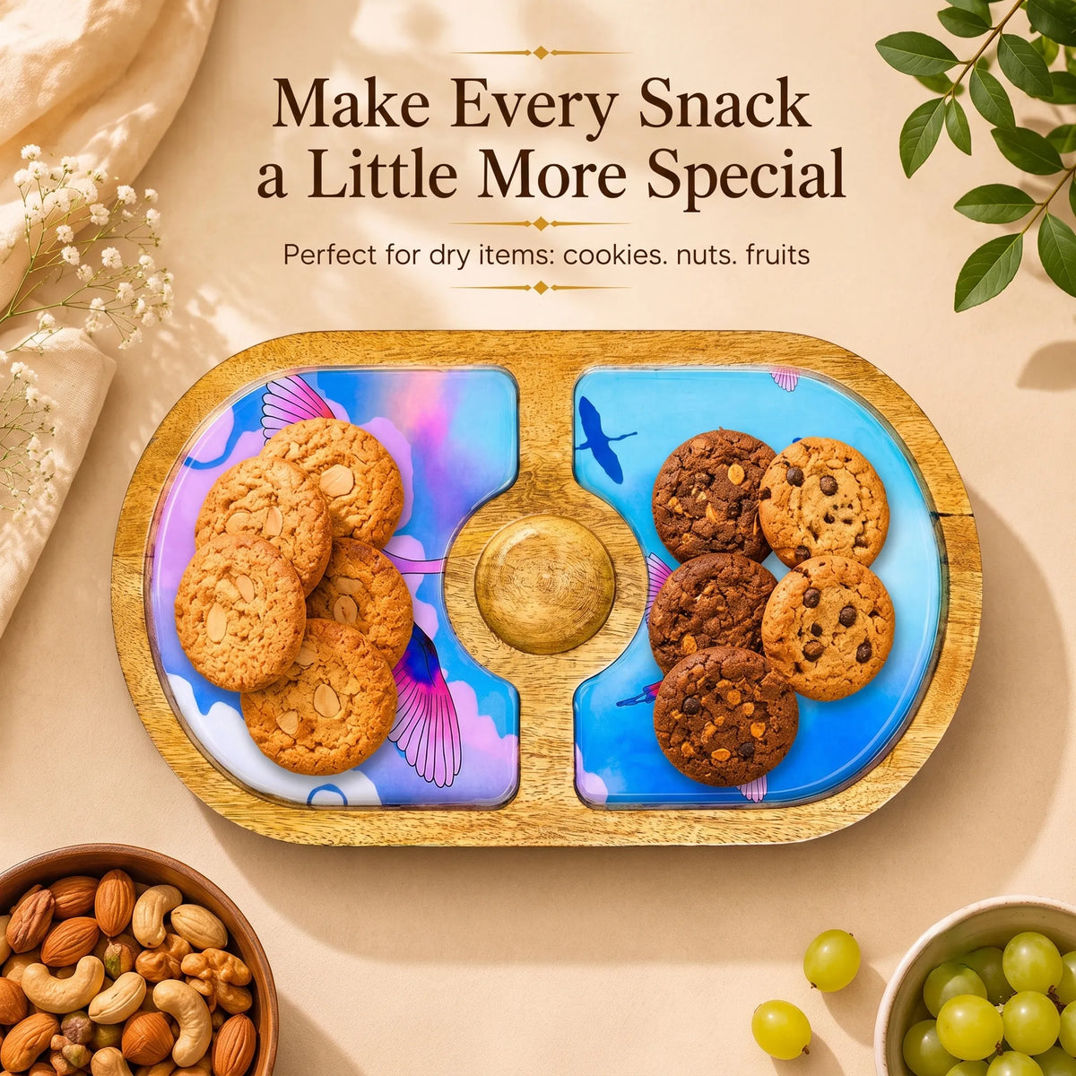 PaintzStories Stunning Birds in Sky round wooden platter for serving snacks, starters, fruits and small bites