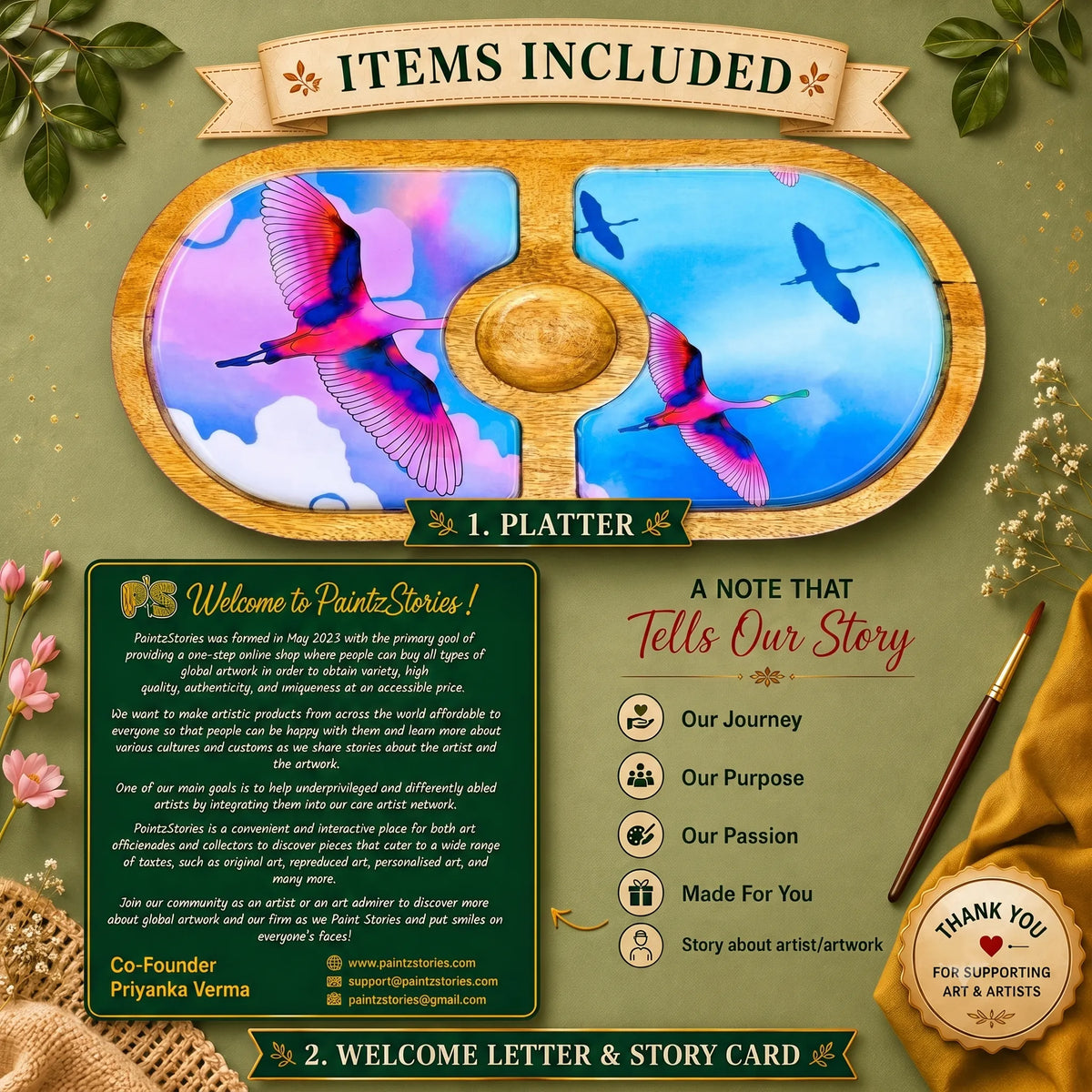 PaintzStories Stunning Birds in Sky round wooden platter with PaintzStories Card and Welcome Letter