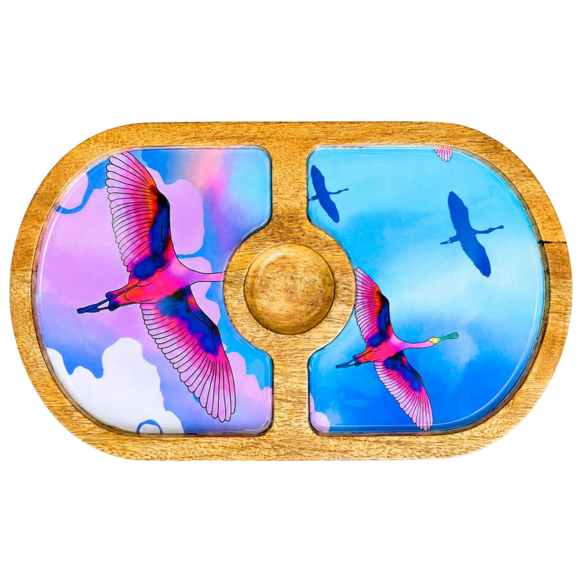 PaintzStories Stunning Birds in Sky round wooden serving platter, handcrafted solid mango wood with glossy Meena print, 14 x 8 inch