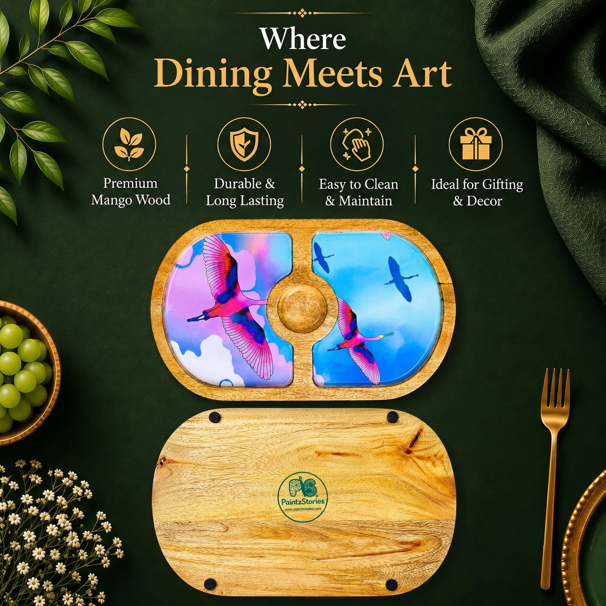 PaintzStories Stunning Birds in Sky artistic round wooden serving platter styled for elegant dining and table decor