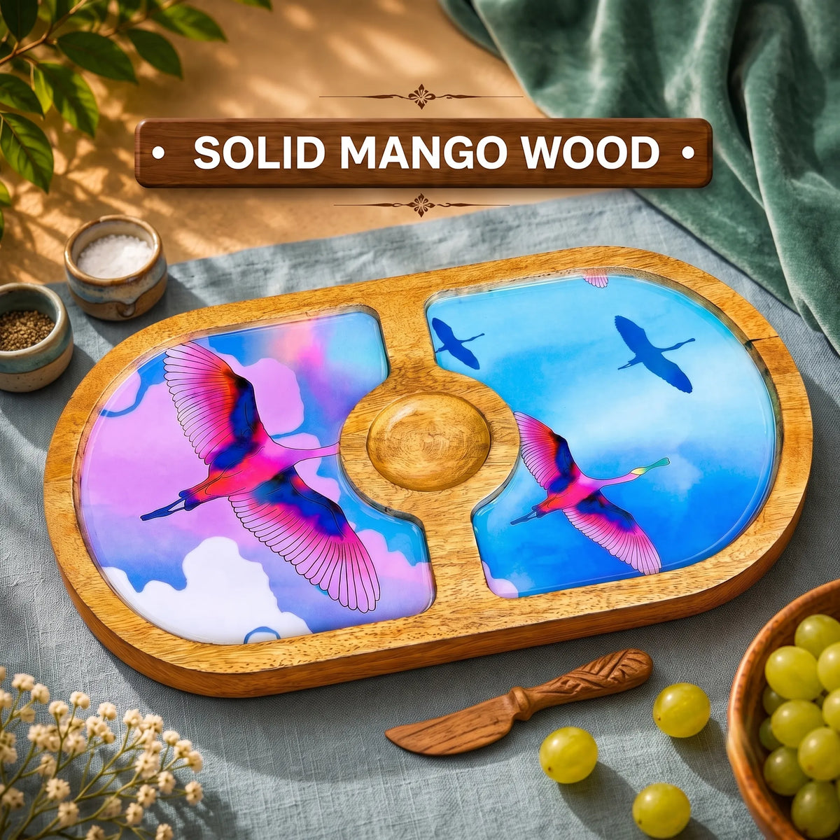 PaintzStories Stunning Birds in Sky round platter handcrafted from solid mango wood with glossy Meena artwork