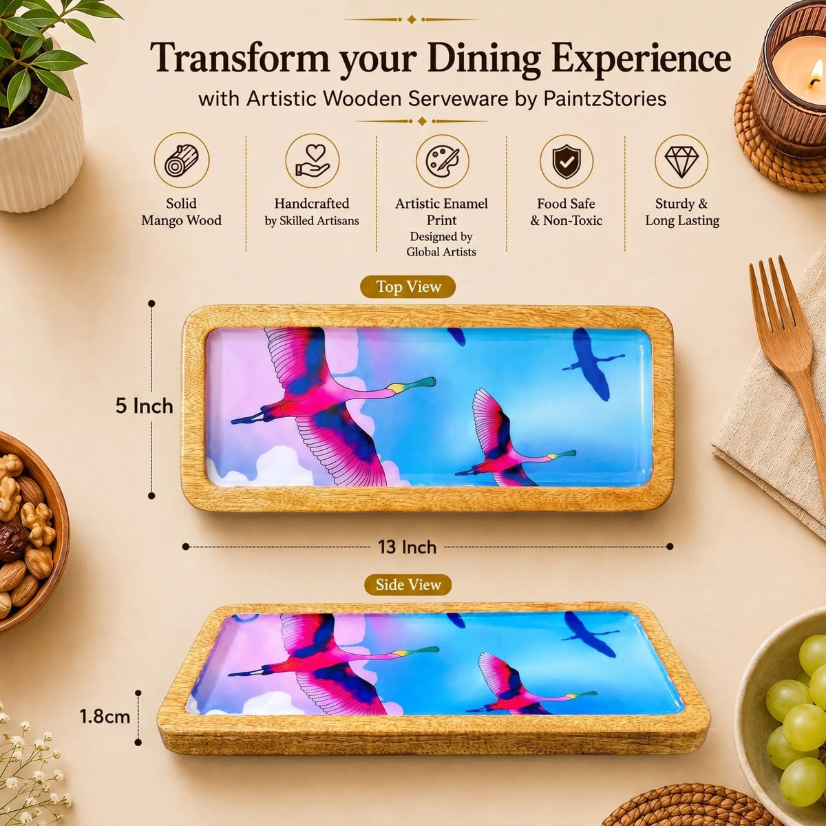 PaintzStories rectangular wooden platter measuring 13 x 5 inch, compact for serving snacks and sides