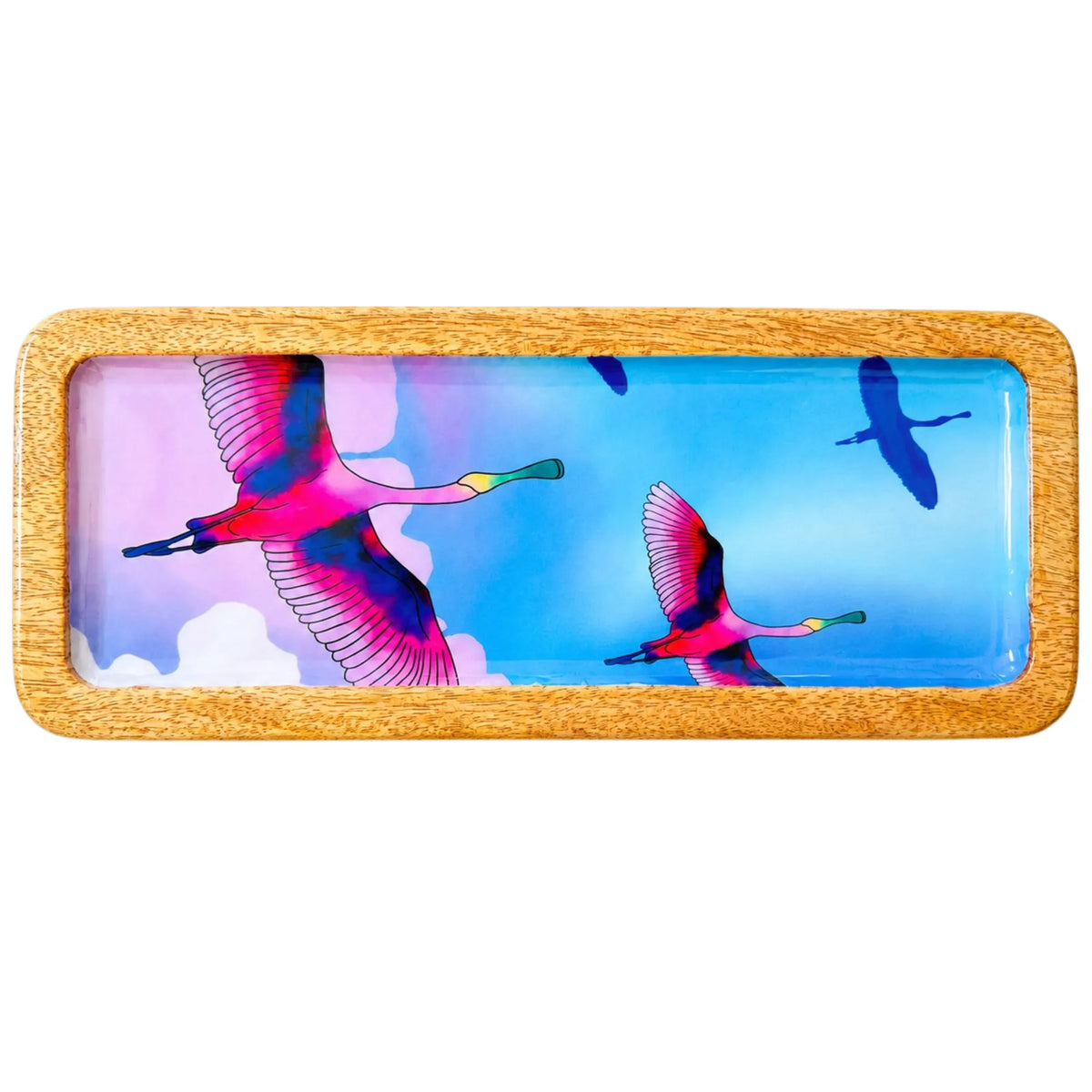 PaintzStories stunning birds in flight artwork on a handcrafted solid mango wood rectangular platter, 13 x 5 inch