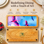 PaintzStories stunning birds in flight artwork on an artistic rectangular wooden platter for elegant dining and table decor