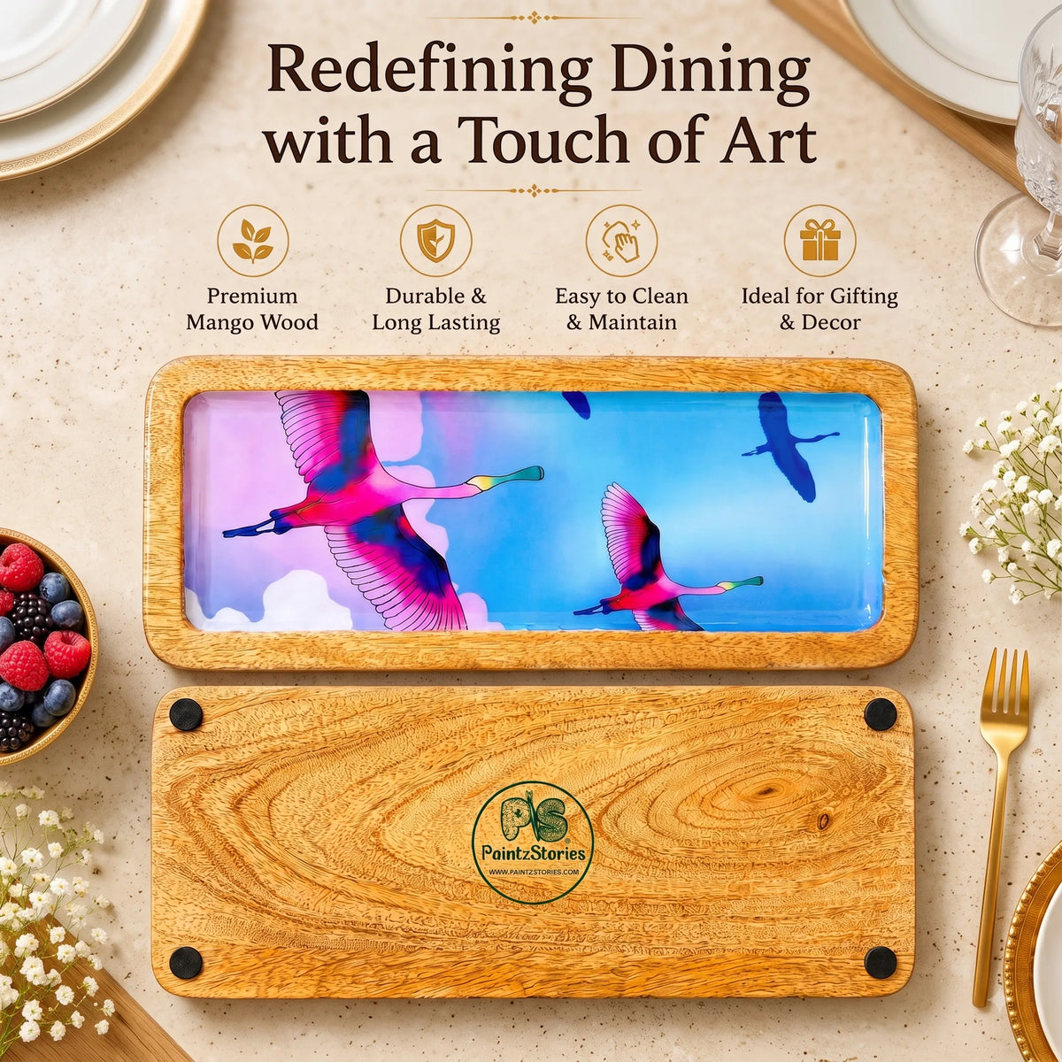 PaintzStories stunning birds in flight artwork on an artistic rectangular wooden platter for elegant dining and table decor