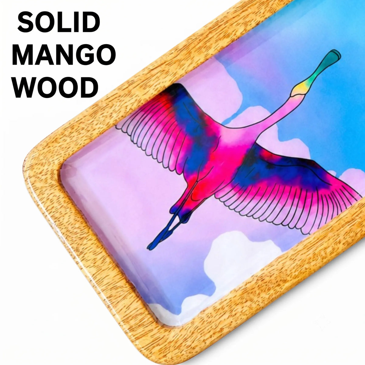 Handcrafted PaintzStories rectangular platter made from solid mango wood with glossy Meena print artwork