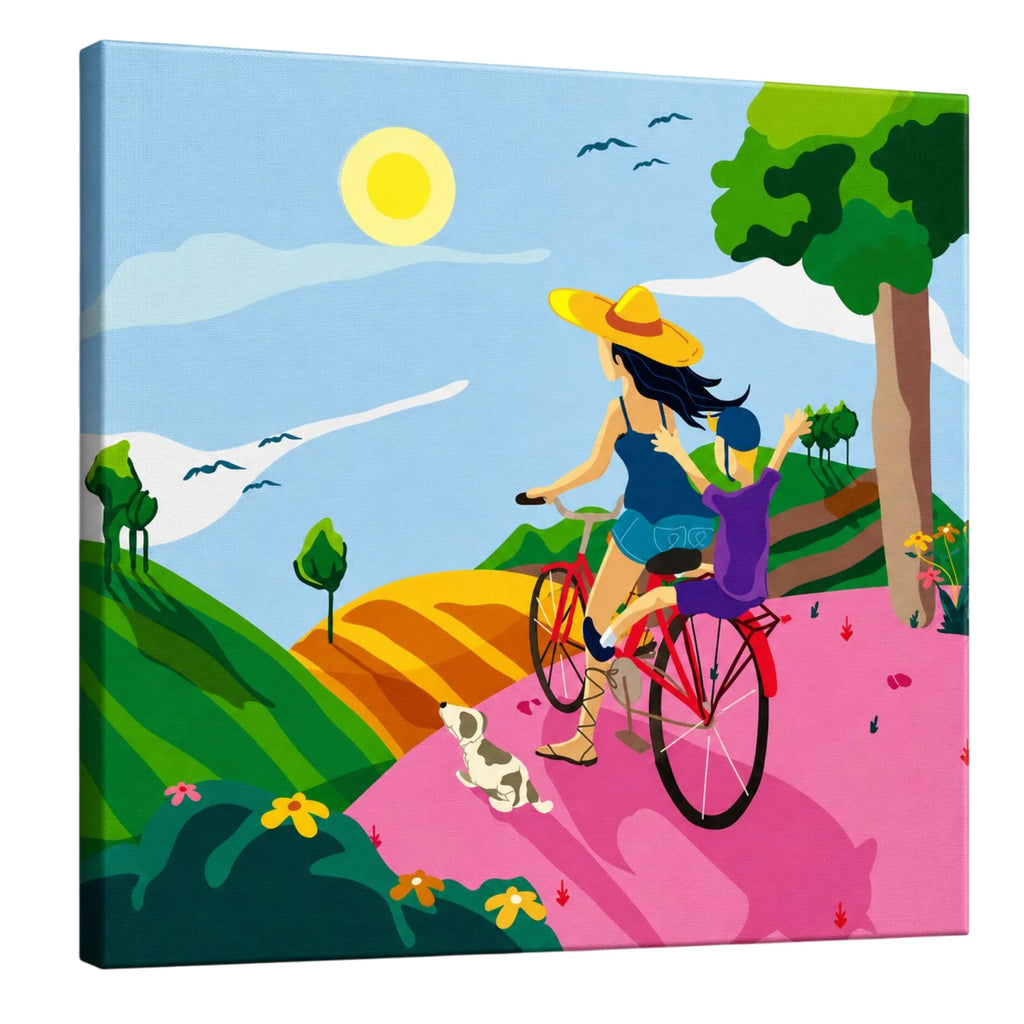 Summer Adventure: Mother & Child Cycling premium framed canvas print wall art for living room by PaintzStories