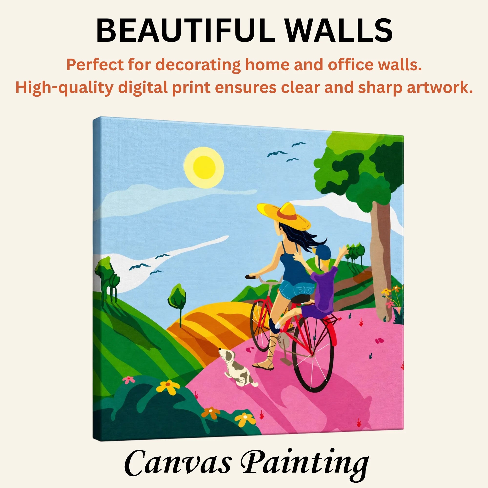 Summer Adventure: Mother & Child Cycling artistic canvas print enhancing beautiful living room walls