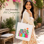 Close-up of "A Garden of Joy" Artwork Print on PaintzStories Cotton Canvas Tote Bag