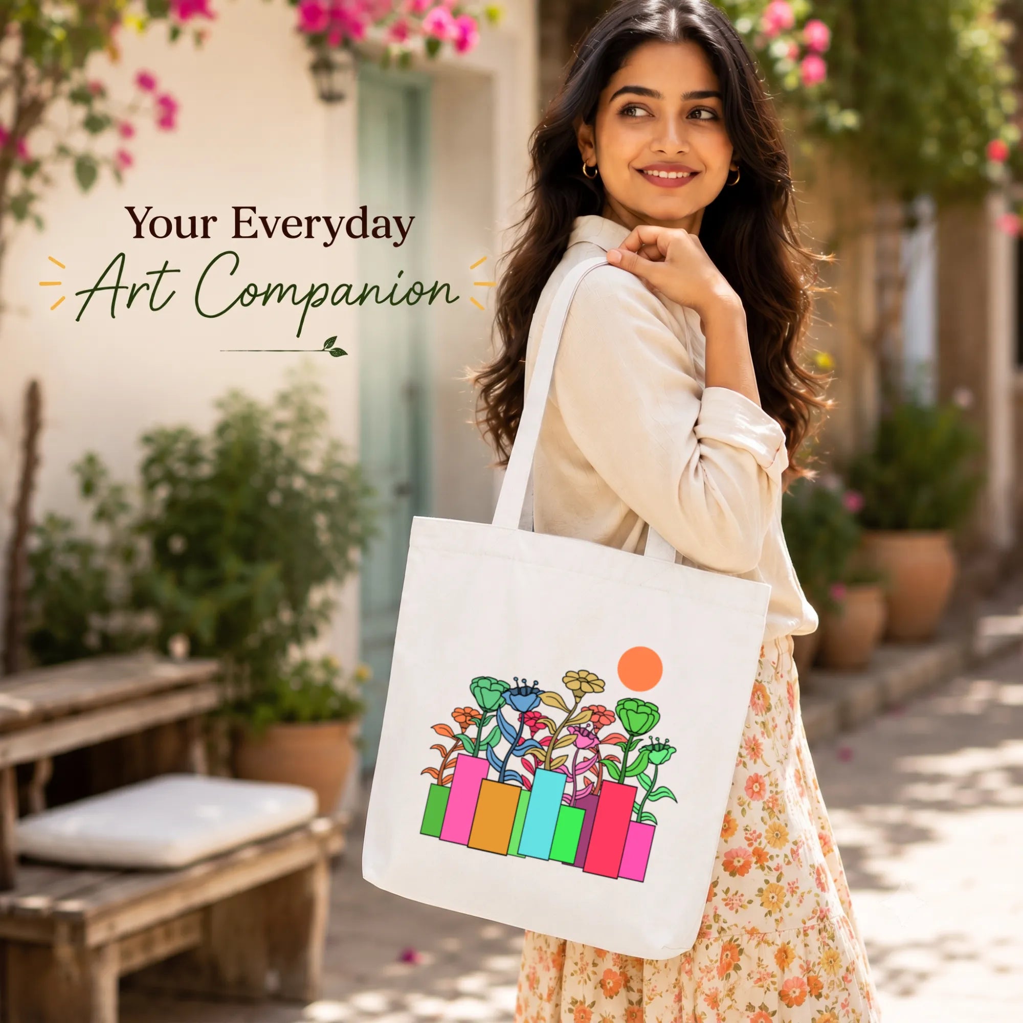 Close-up of "A Garden of Joy" Artwork Print on PaintzStories Cotton Canvas Tote Bag