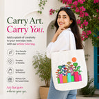 Woman Carrying PaintzStories "A Garden of Joy" Artistic Tote Bag on Her Shoulder