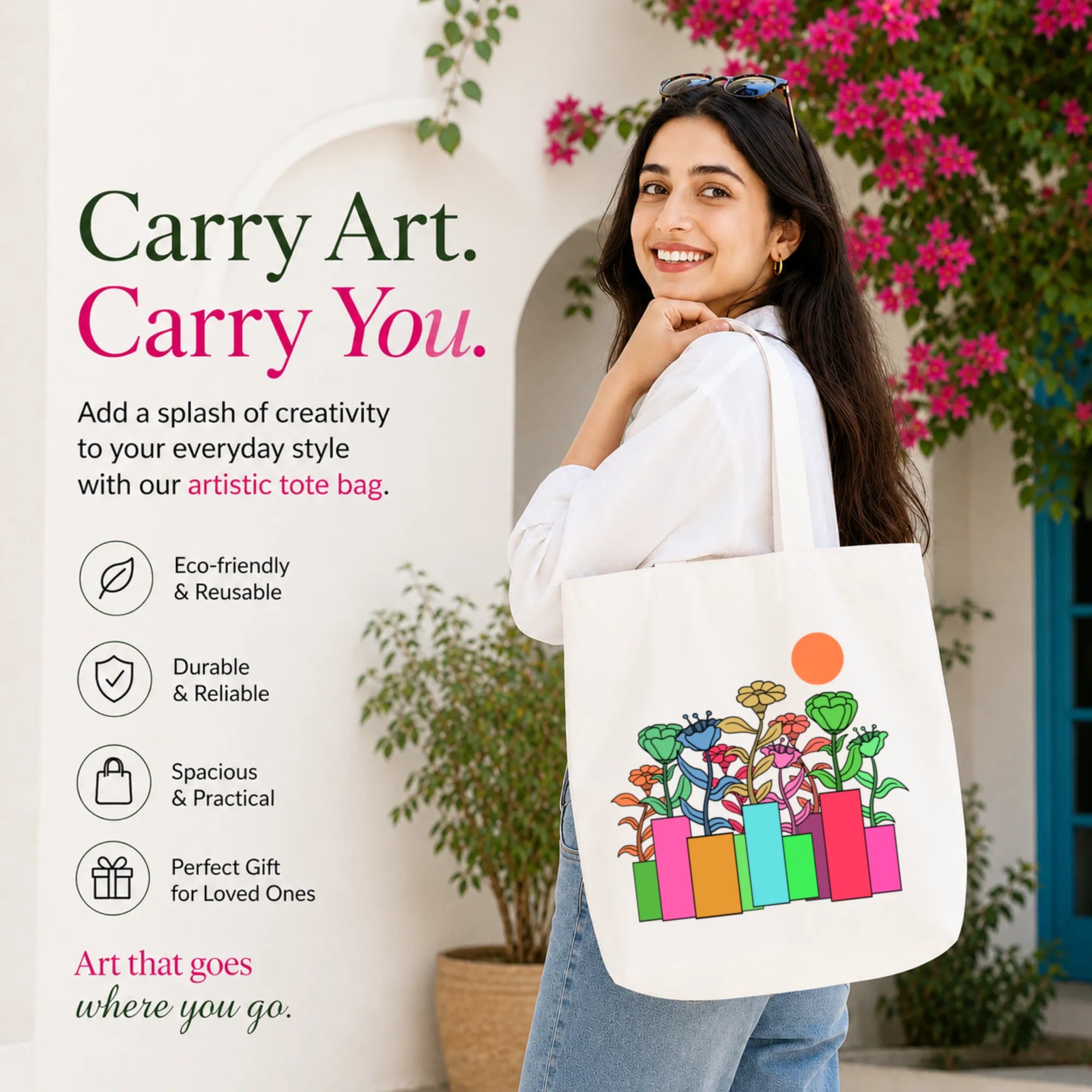 Woman Carrying PaintzStories "A Garden of Joy" Artistic Tote Bag on Her Shoulder