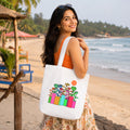 Model Holding PaintzStories "A Garden of Joy" Artistic Tote Bag – Eco-Friendly Cotton Canvas