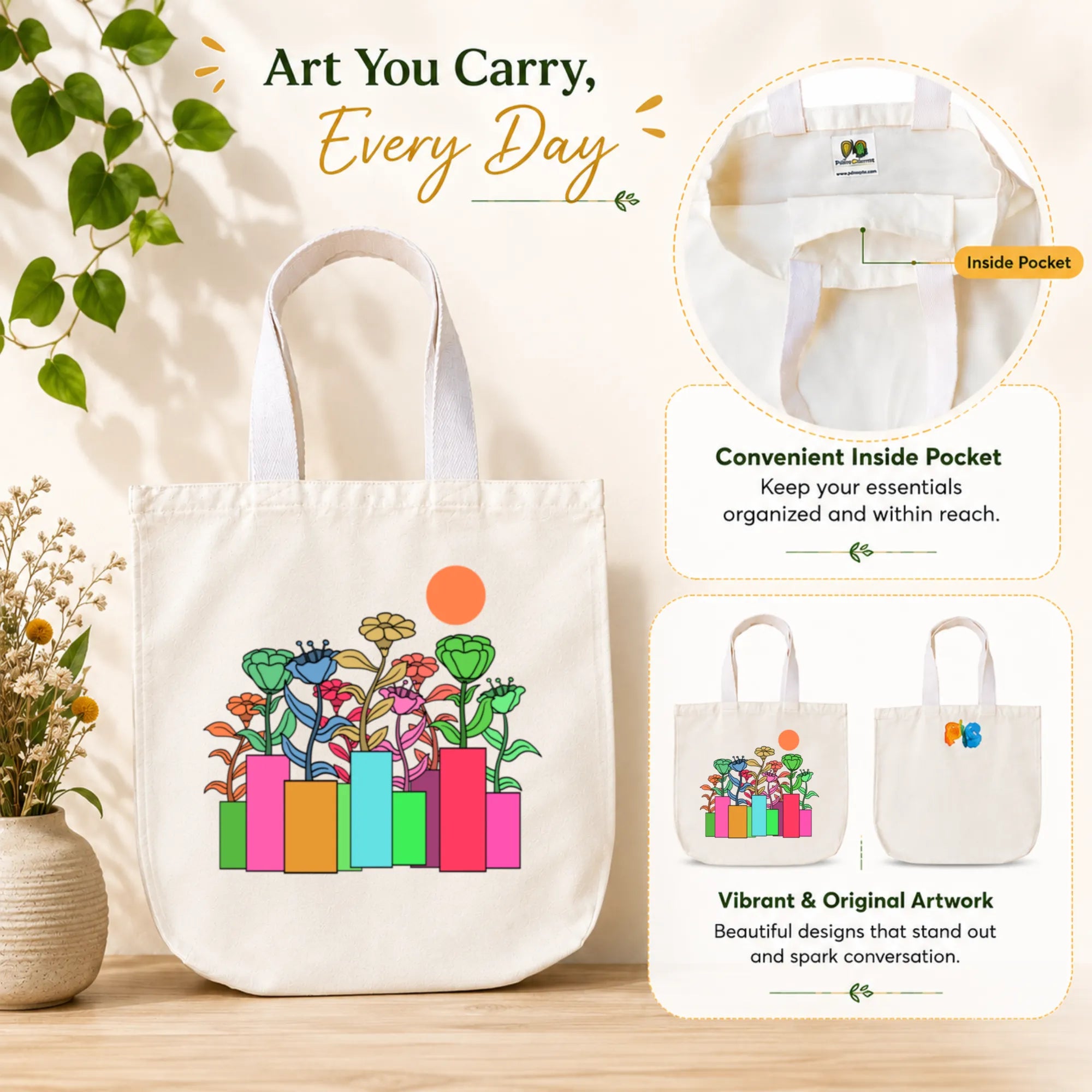 PaintzStories "A Garden of Joy" Tote Bag in Use for Shopping, College and Travel