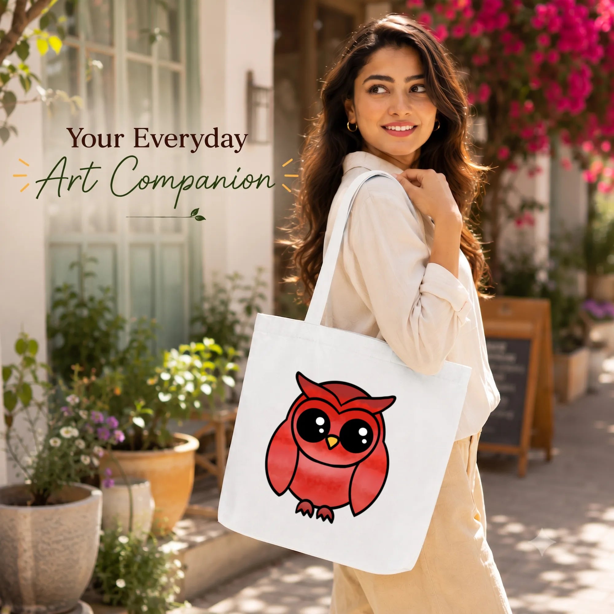 Close-up of "A Graceful Owl" Artwork Print on PaintzStories Cotton Canvas Tote Bag