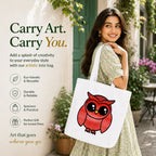 Woman Carrying PaintzStories "A Graceful Owl" Artistic Tote Bag on Her Shoulder