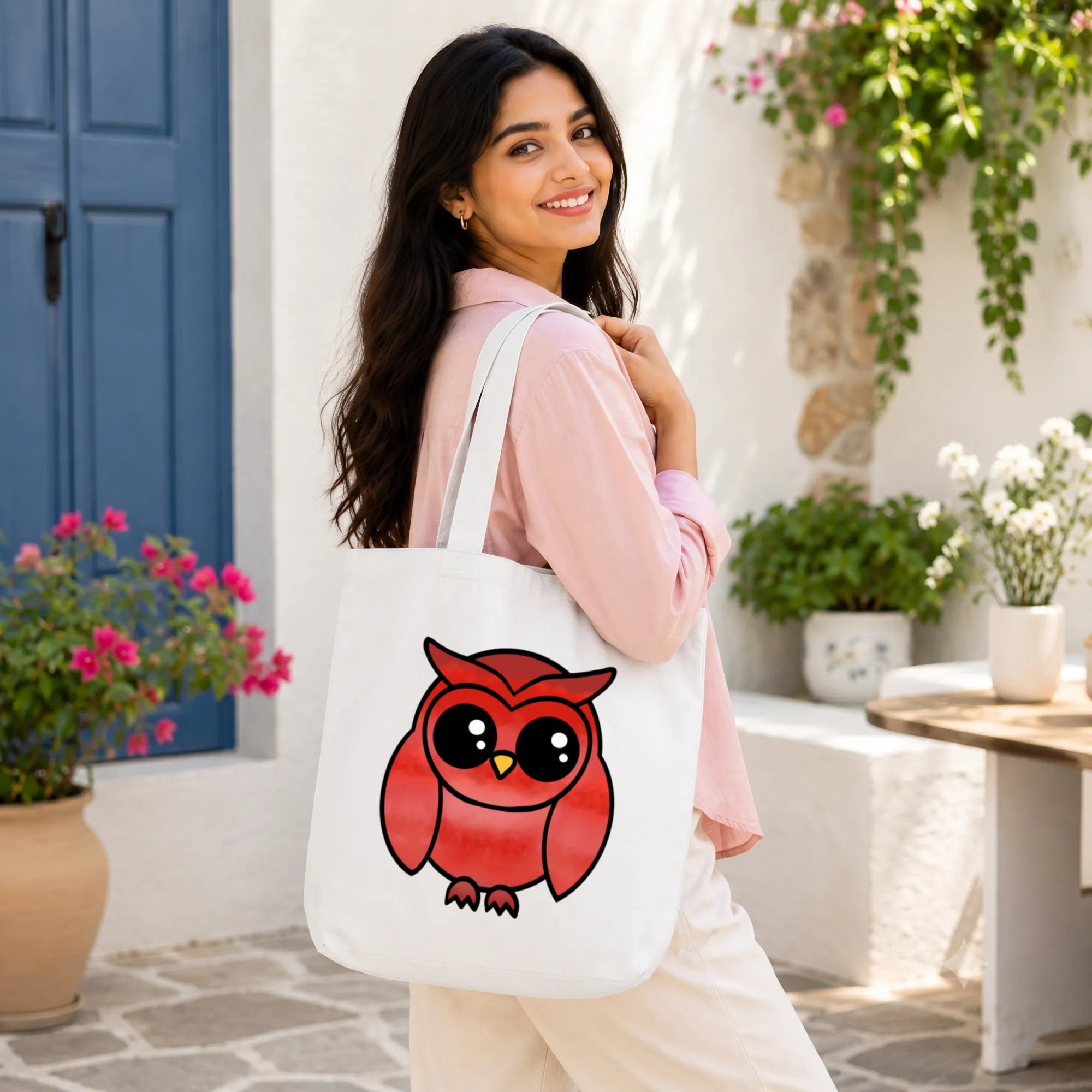 Model Holding PaintzStories "A Graceful Owl" Artistic Tote Bag – Eco-Friendly Cotton Canvas