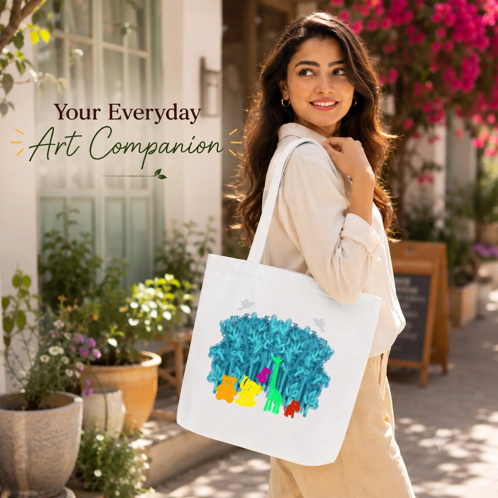Close-up of "A Rainbow Jungle" Artwork Print on PaintzStories Cotton Canvas Tote Bag