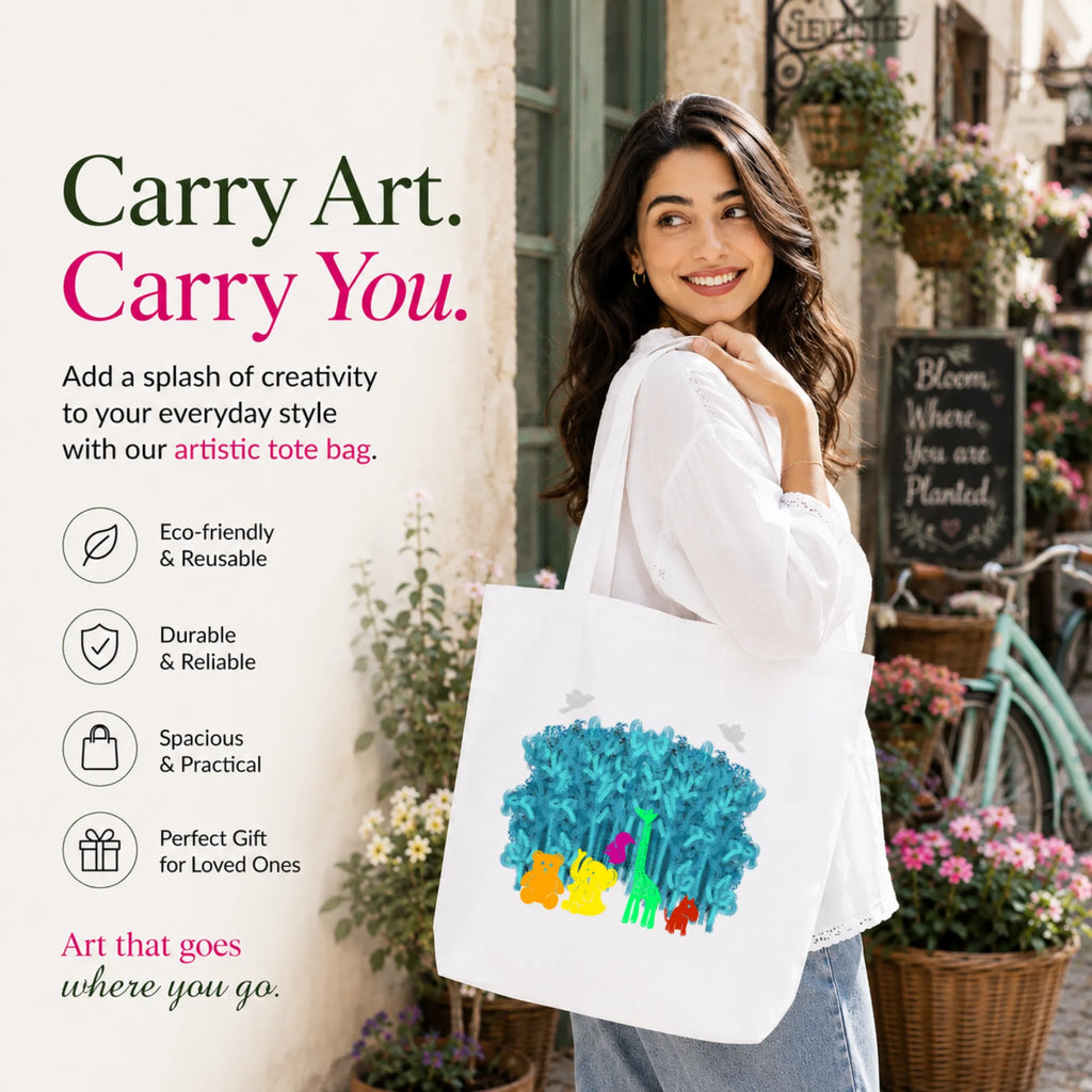 Woman Carrying PaintzStories "A Rainbow Jungle" Artistic Tote Bag on Her Shoulder