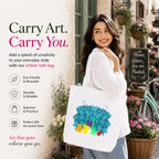 Woman Carrying PaintzStories "A Rainbow Jungle" Artistic Tote Bag on Her Shoulder
