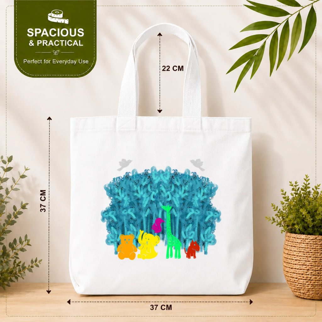 PaintzStories "A Rainbow Jungle" Tote Bag Size – 37cm x 37cm with 22cm Handles and Inner Pocket