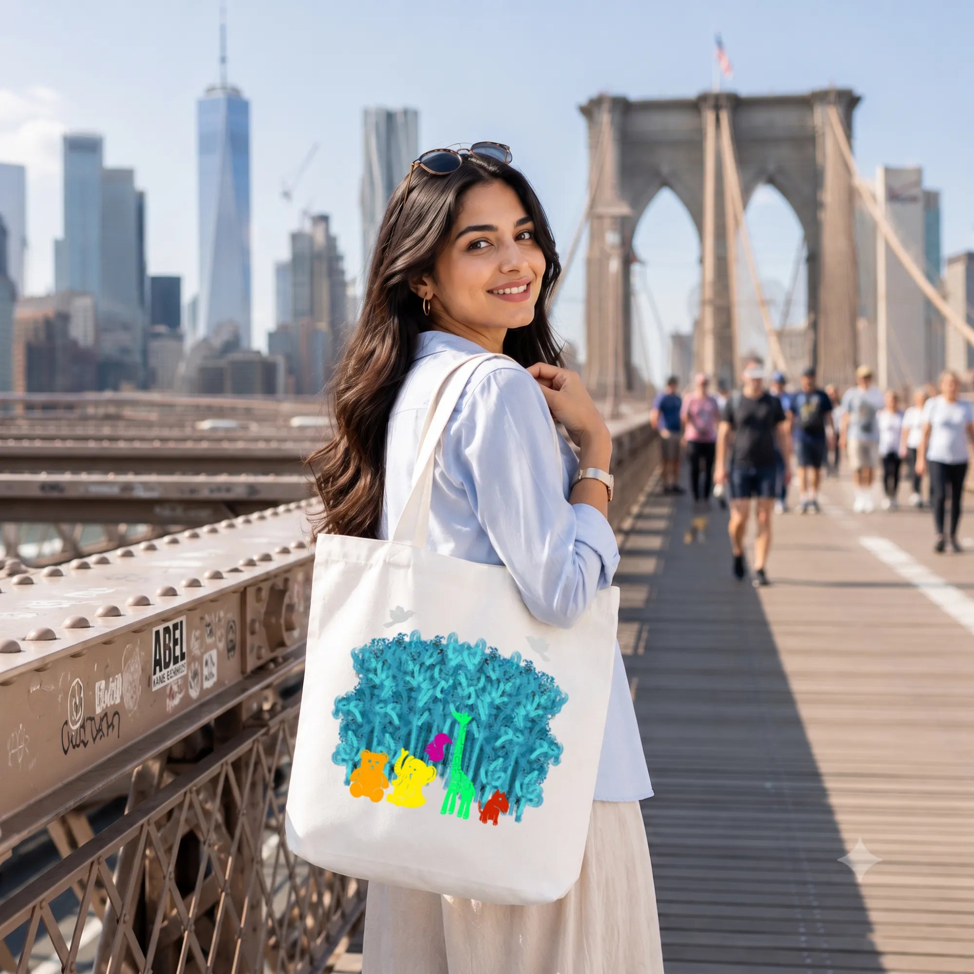 Model Holding PaintzStories "A Rainbow Jungle" Artistic Tote Bag – Eco-Friendly Cotton Canvas