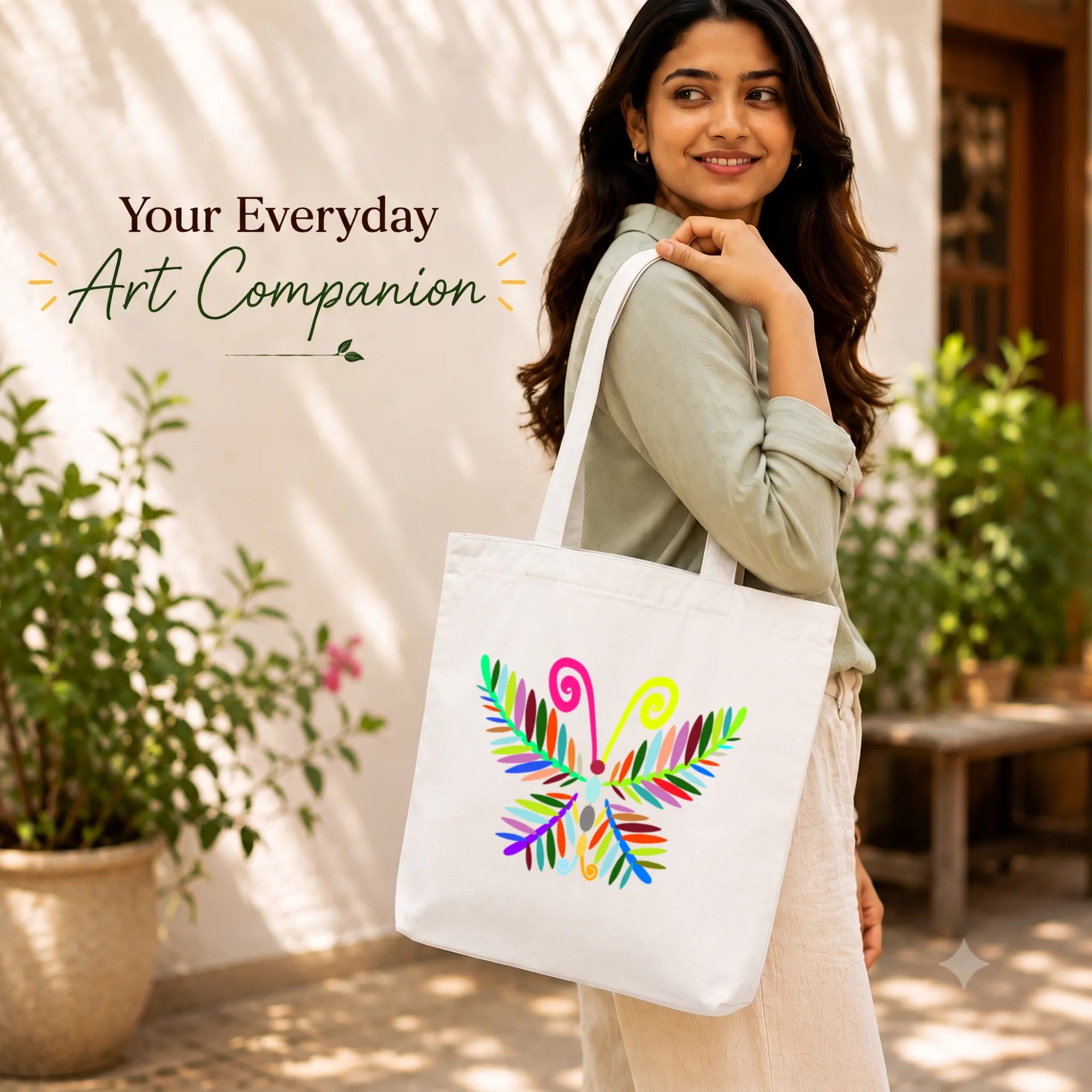 Close-up of "A Vibrant Butterfly" Artwork Print on PaintzStories Cotton Canvas Tote Bag