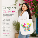 Woman Carrying PaintzStories "A Vibrant Butterfly" Artistic Tote Bag on Her Shoulder