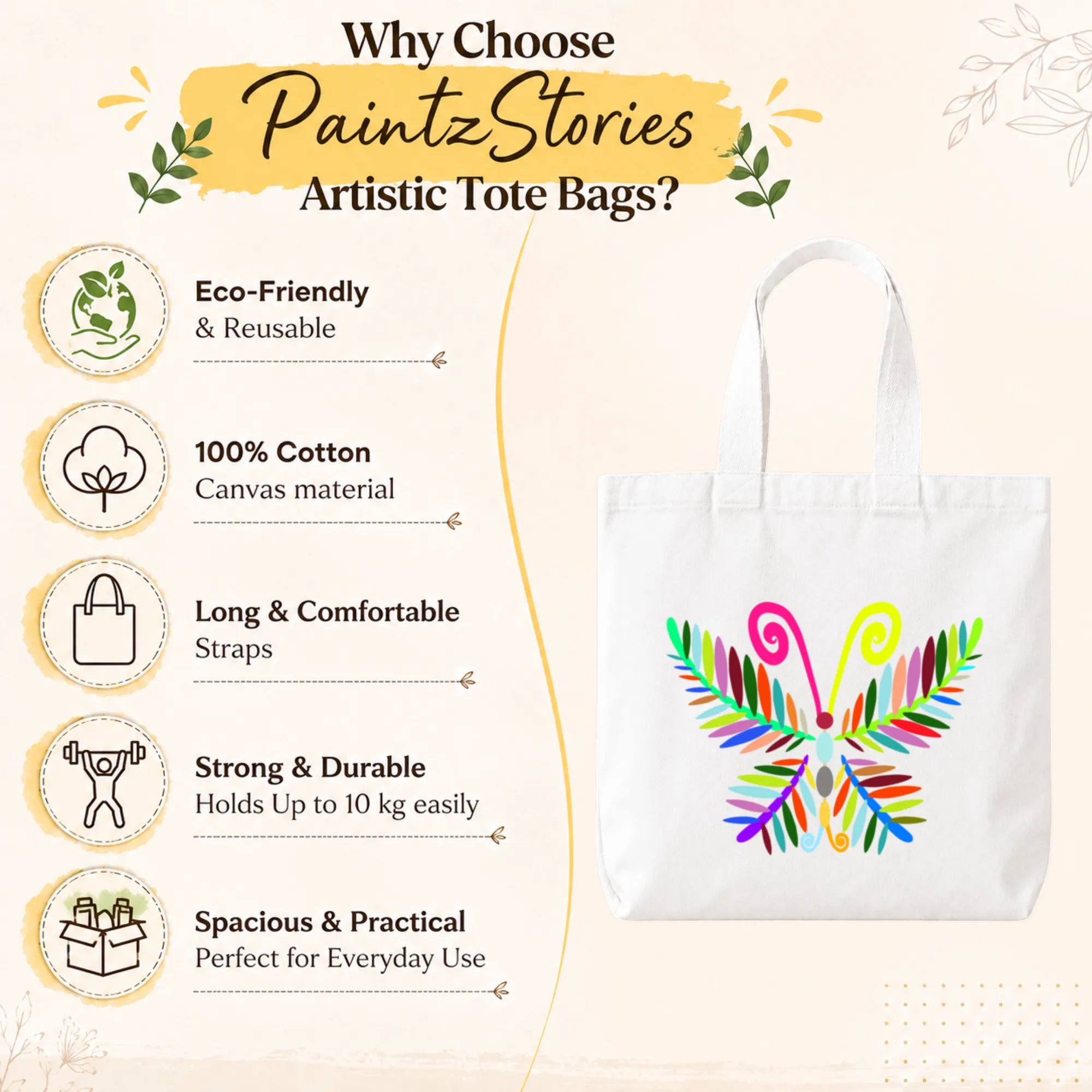 Close-up of "A Vibrant Butterfly" Tote Bag Showing Cotton Canvas Texture, Print Detail and Inner Pocket