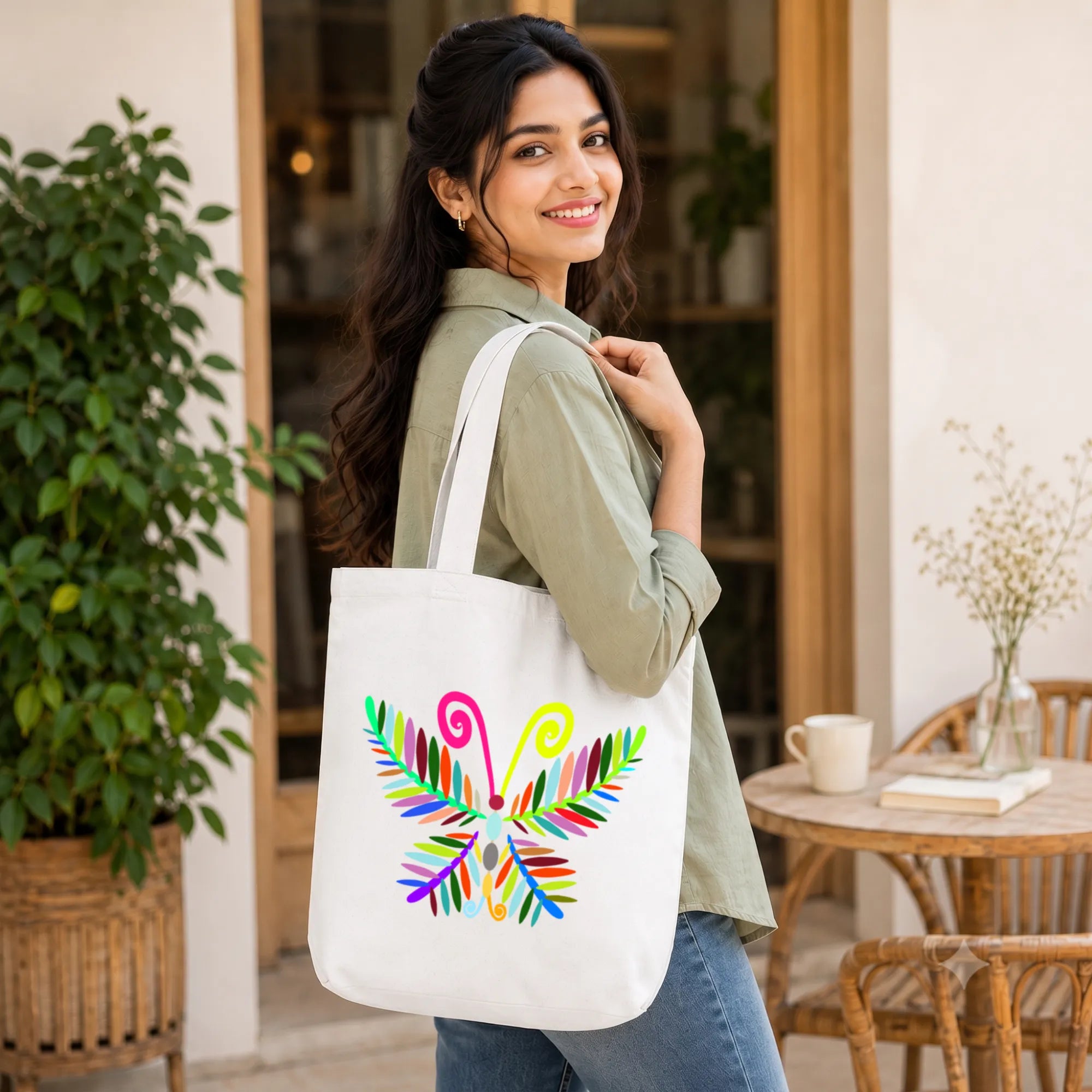 Model Holding PaintzStories "A Vibrant Butterfly" Artistic Tote Bag – Eco-Friendly Cotton Canvas