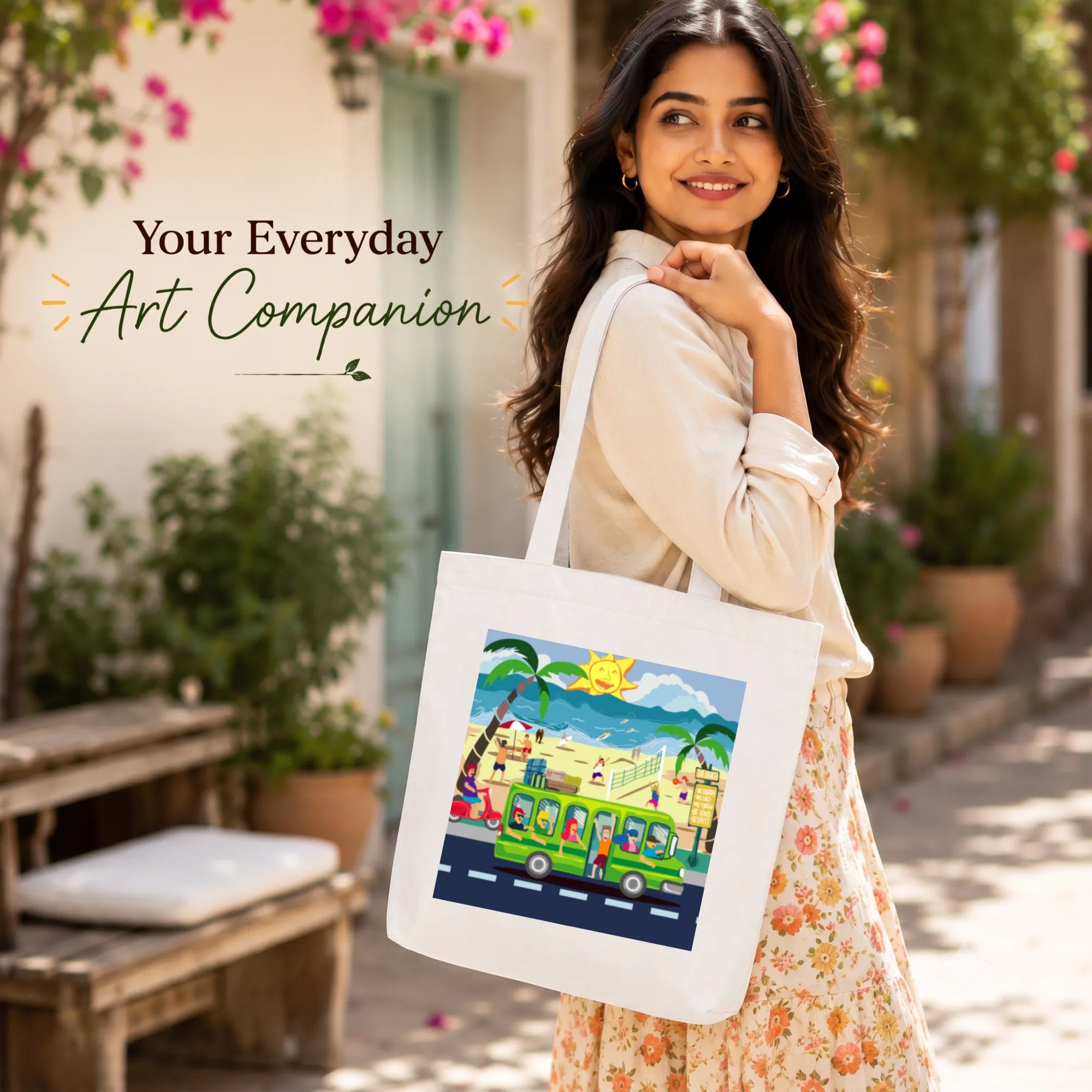 Close-up of "Beach Bound" Artwork Print on PaintzStories Cotton Canvas Tote Bag
