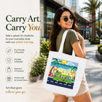 Woman Carrying PaintzStories "Beach Bound" Artistic Tote Bag on Her Shoulder