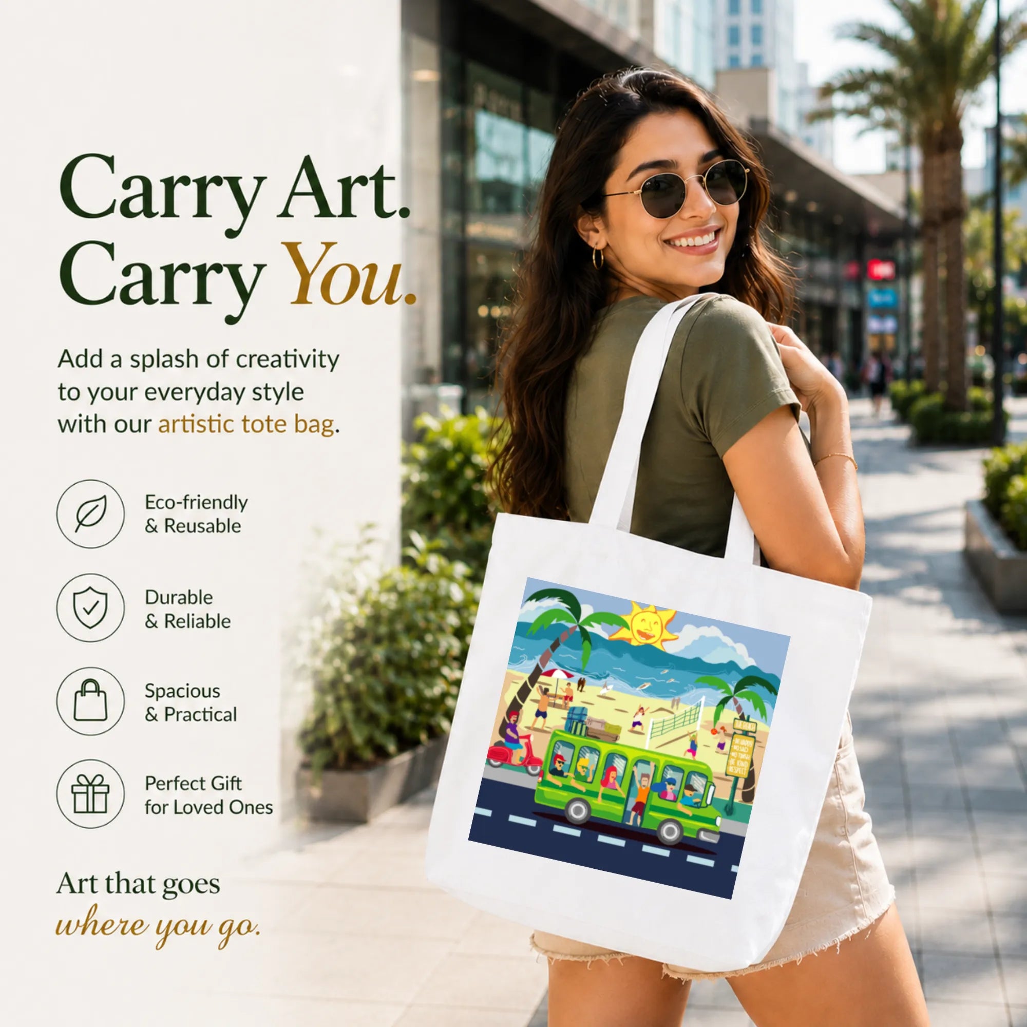 Woman Carrying PaintzStories "Beach Bound" Artistic Tote Bag on Her Shoulder