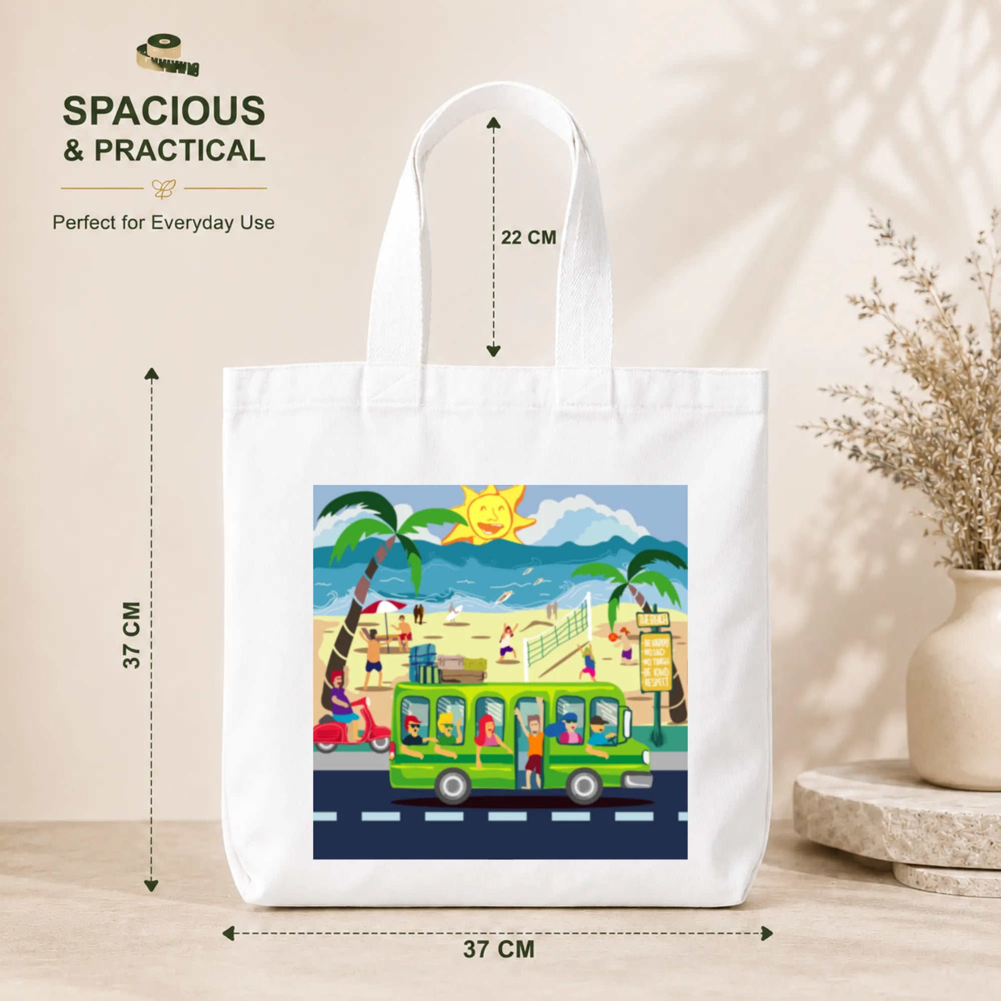 PaintzStories "Beach Bound" Tote Bag Size – 37cm x 37cm with 22cm Handles and Inner Pocket