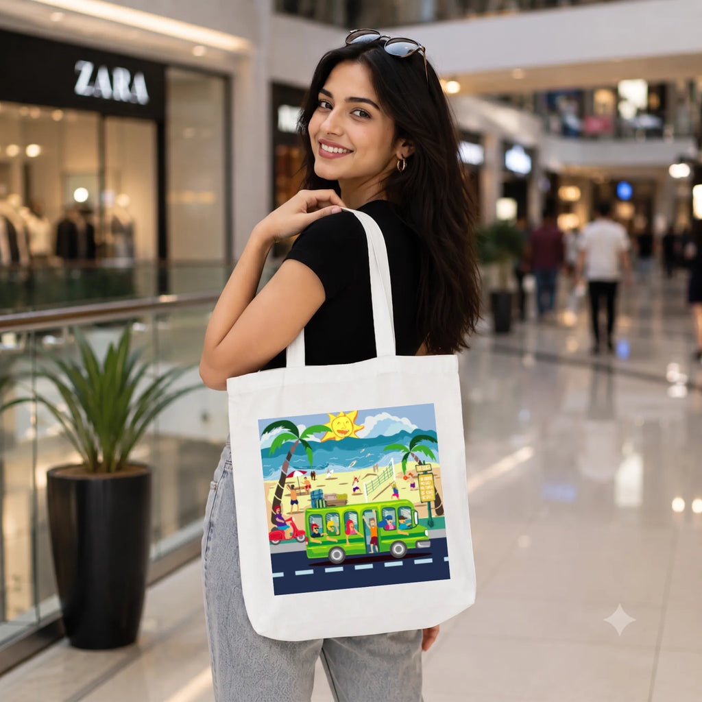 Model Holding PaintzStories "Beach Bound" Artistic Tote Bag – Eco-Friendly Cotton Canvas