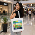 Model Holding PaintzStories "Beach Bound" Artistic Tote Bag – Eco-Friendly Cotton Canvas