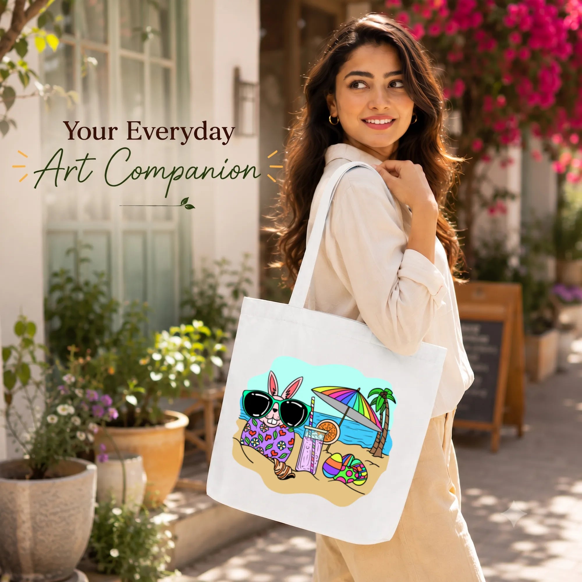Close-up of "Beach Rabbit With Easter Eggs" Artwork Print on PaintzStories Cotton Canvas Tote Bag