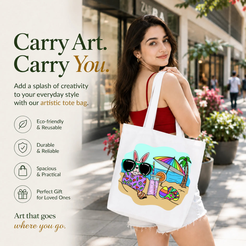 Woman Carrying PaintzStories "Beach Rabbit With Easter Eggs" Artistic Tote Bag on Her Shoulder