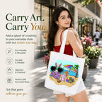 Woman Carrying PaintzStories "Beach Rabbit With Easter Eggs" Artistic Tote Bag on Her Shoulder
